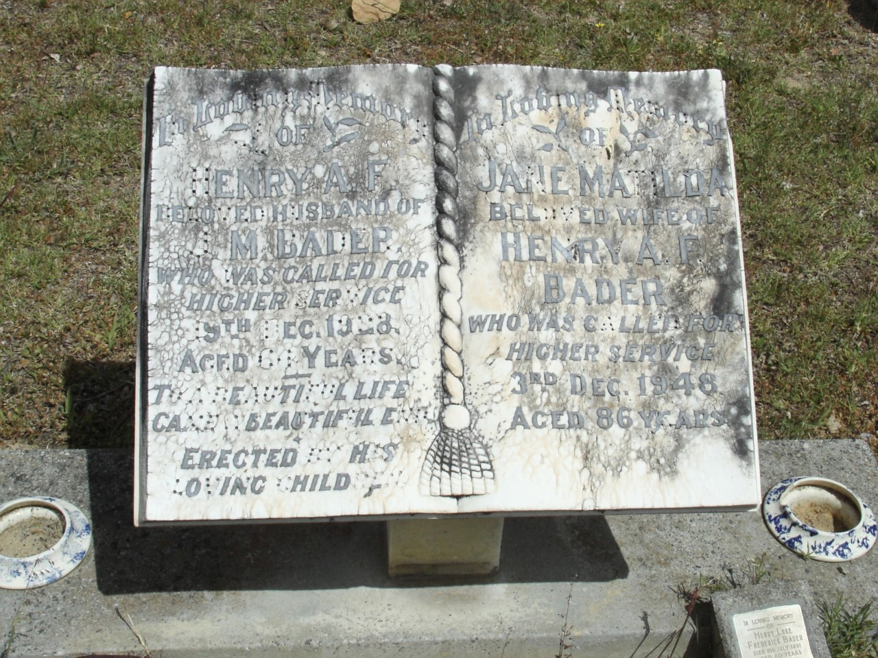 Henry AF Bader and Jane Matilda Marshall Headstone