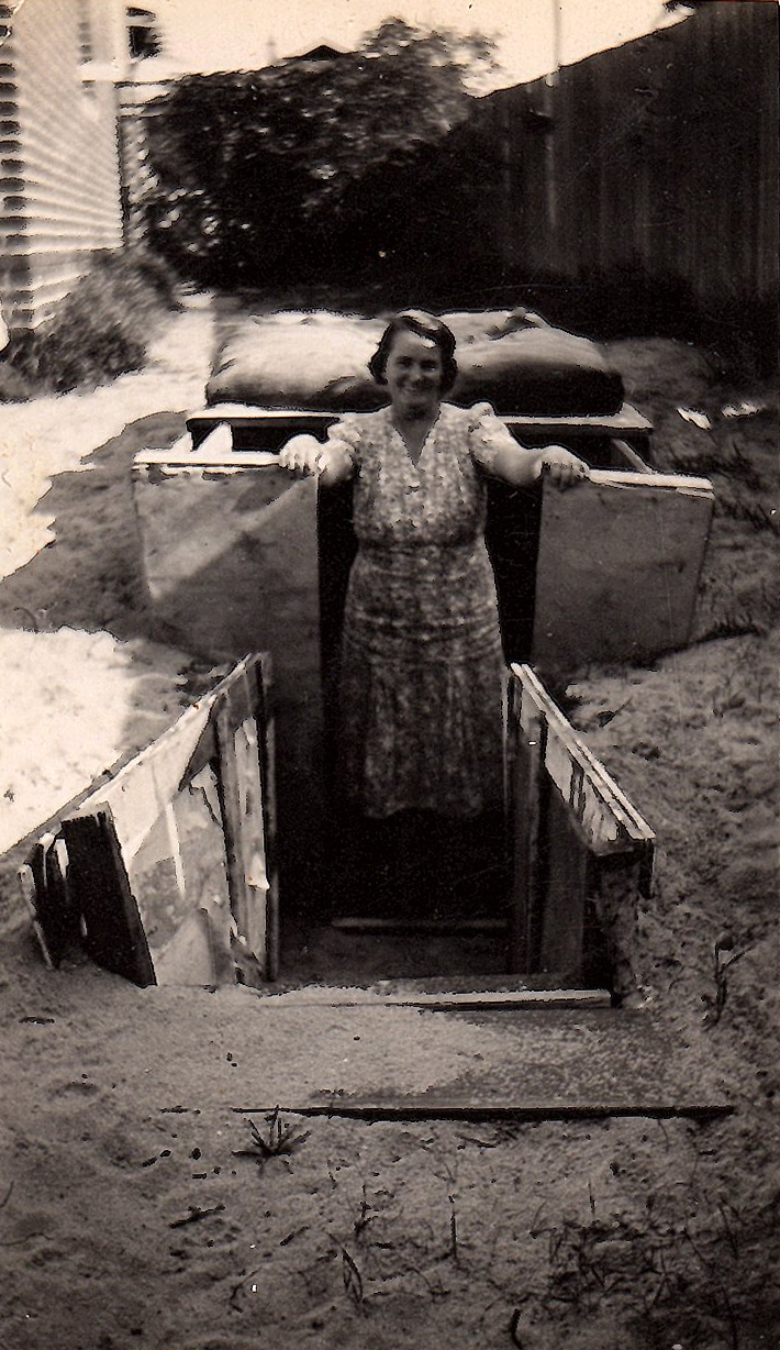 Grandma Bader in the air raid shelter in the back yard.