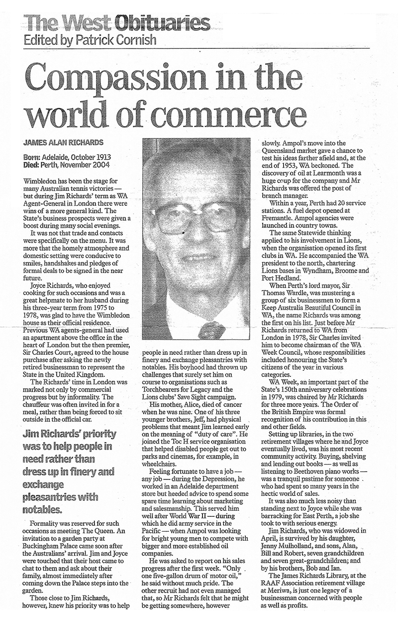 Jim Richards Obituary in the West Australian