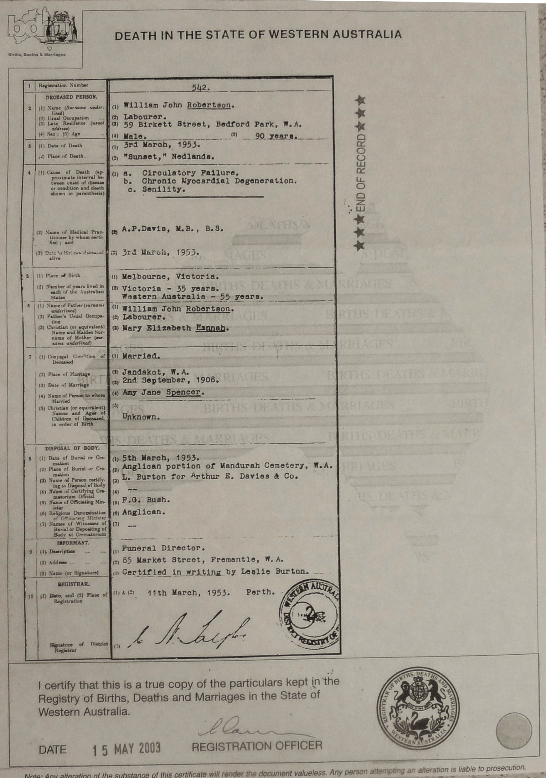 William John Robertson's Death Certificate